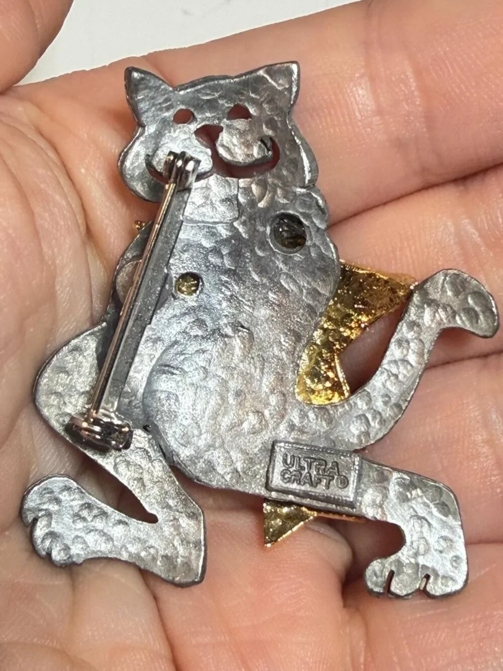 Ultra Craft Cat Brooch OOAK Upcycled Gold Star Dangle Vintage 2 inches